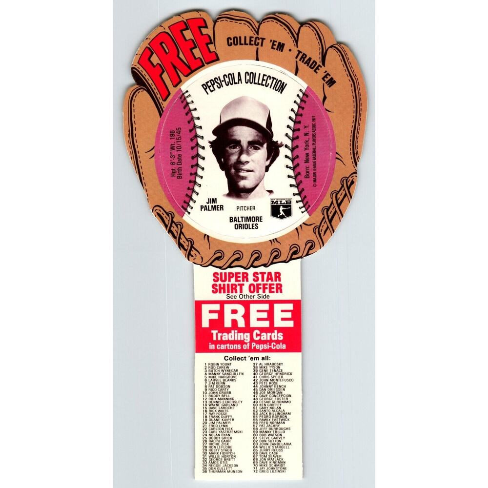 Pepsi-Cola Baseball Trading Card 1977 Jim Palmer Baltimore Orioles MLB Diecut